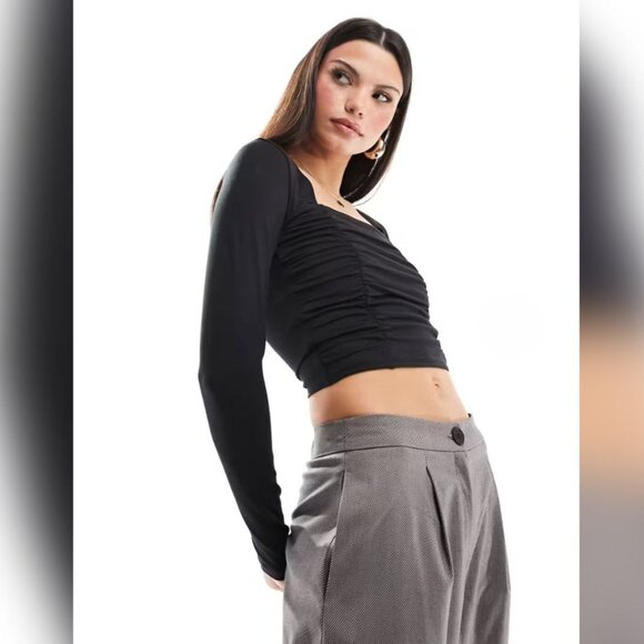 Hollister Tops - Hollister Crop Fitted Long-Sleeve Rusched Shirt Front Layering Black XS Juniors